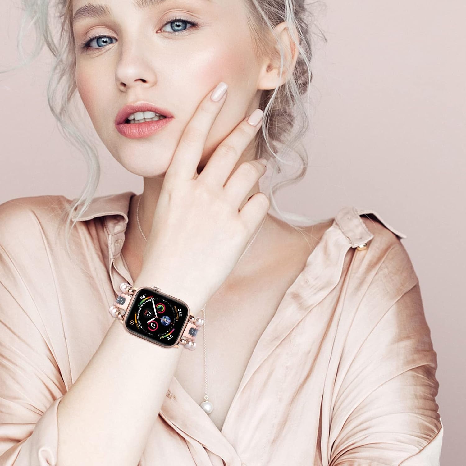 Beads Pearl Apple Watch Band Compatible for Iwatch Ultra Series SE 8 7 6 5 4 3 Jewelry Bracelet Watch Band with Thermometer Pendant Charm (38Mm/40Mm/41Mm, Rose Gold)