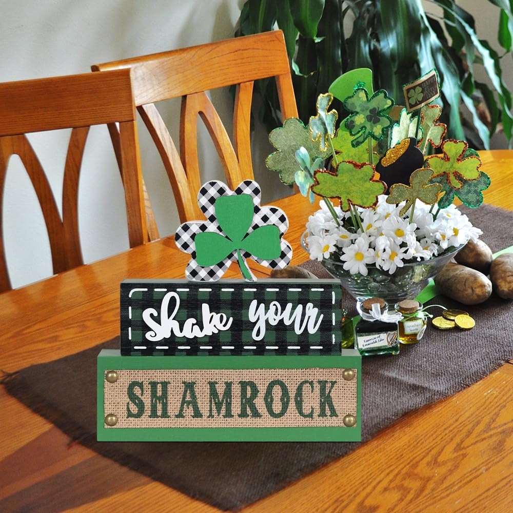 St Patricks Day Decorations,  3-Layered Shamrock Wood Block St Patricks Day Decor, Shamrock Ornaments Shake Your SHAMROCK Sign Saint Patricks Day Decorations for the Home, Table, Mantel