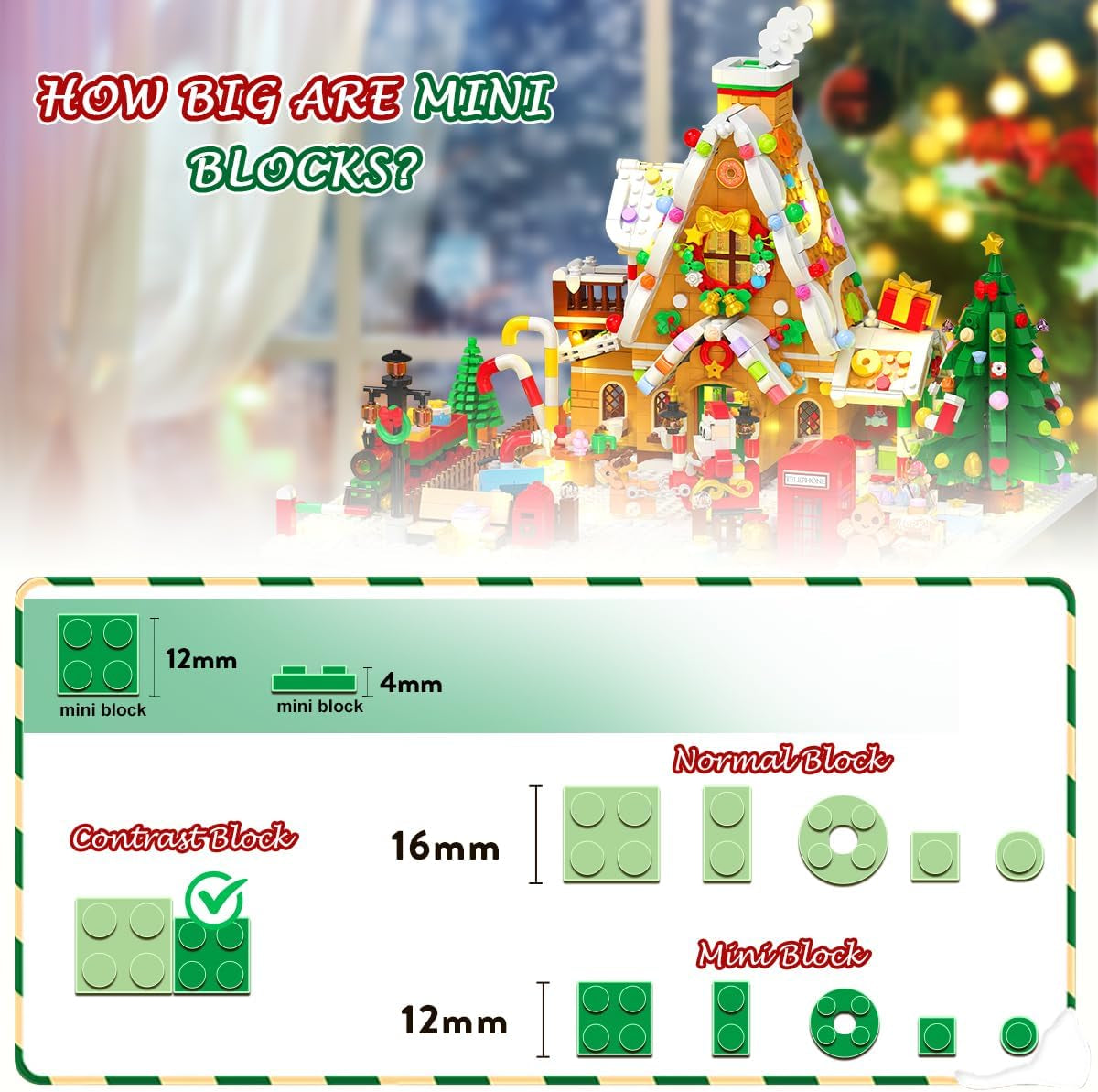 Christmas Gingerbread House Mini Building Set with LED Light, 1763 PCS Christmas Courtyard Building Block Toy with Santa Claus Xmas Tree Train Home Decor, Gift for Adult Kids Girls Boys 10+