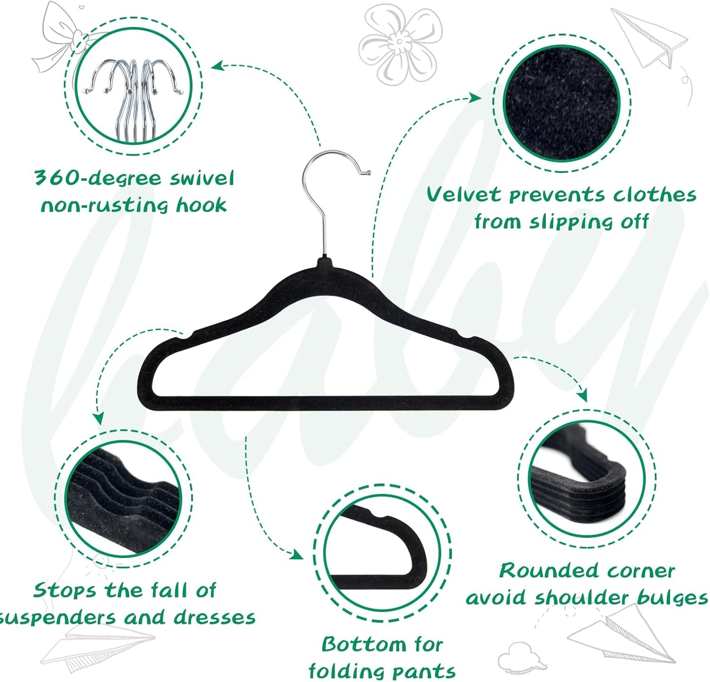 Baby Clothes Hanger, 11.6 Inch Kids Black Velvet Hanger, Non Slip Children Felt Hanger, Toddler Hanger for Infant Closet Space Saving (Black, 60Pack)