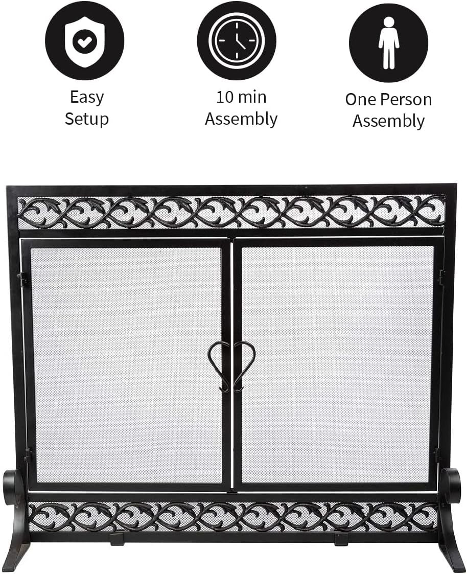 Metal Fireplace Screen Scrollwork Black | 38" W X 31½"H | 2 Door | Spark Guard Grate | Fire Place Cover | Wood Burning Stove Accessories