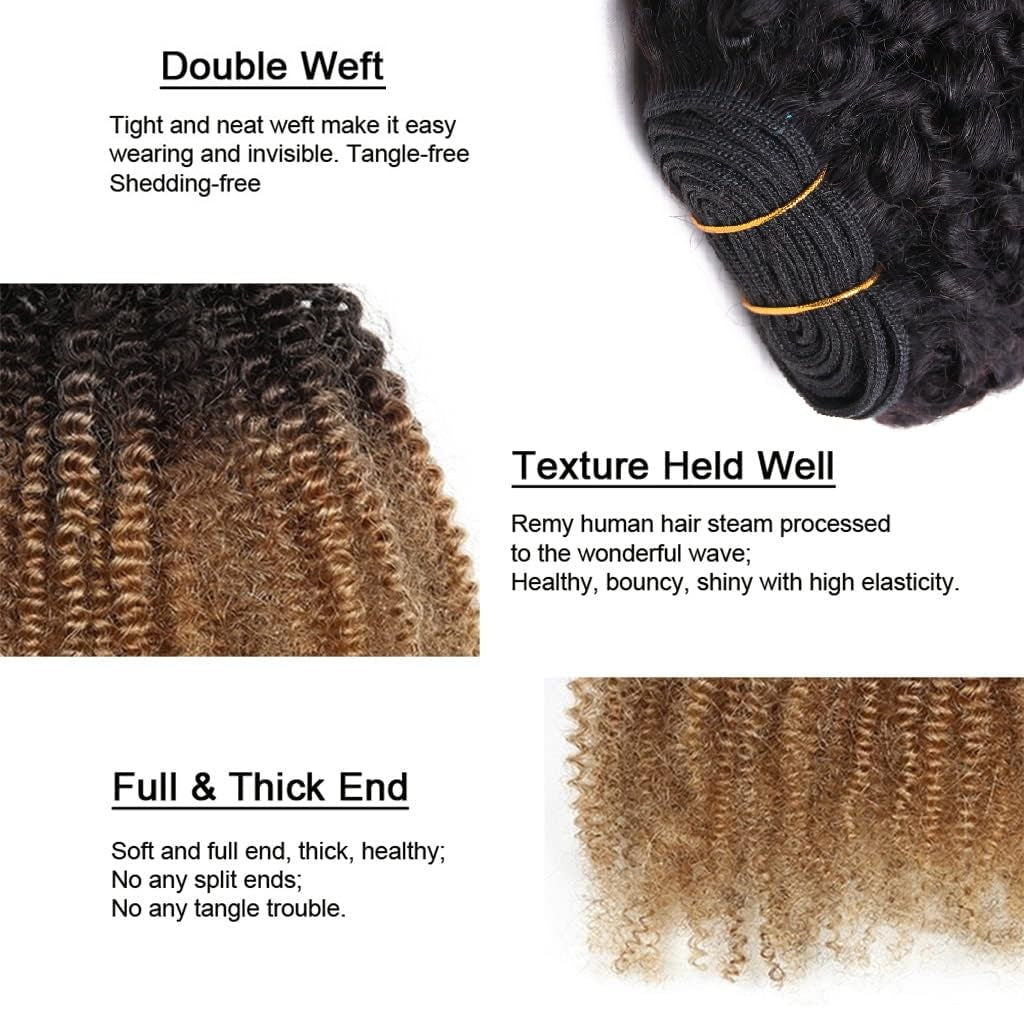 Mongolian Ombre Afro Kinky Curly Bundles Human Hair 8 10 12 Inch 1B/30 Black Brown 4B 4C Afro Kinkys Human Hair Bundle Curly Weave Bundles Unprocessed Virgin Hair Extensions for Black Women