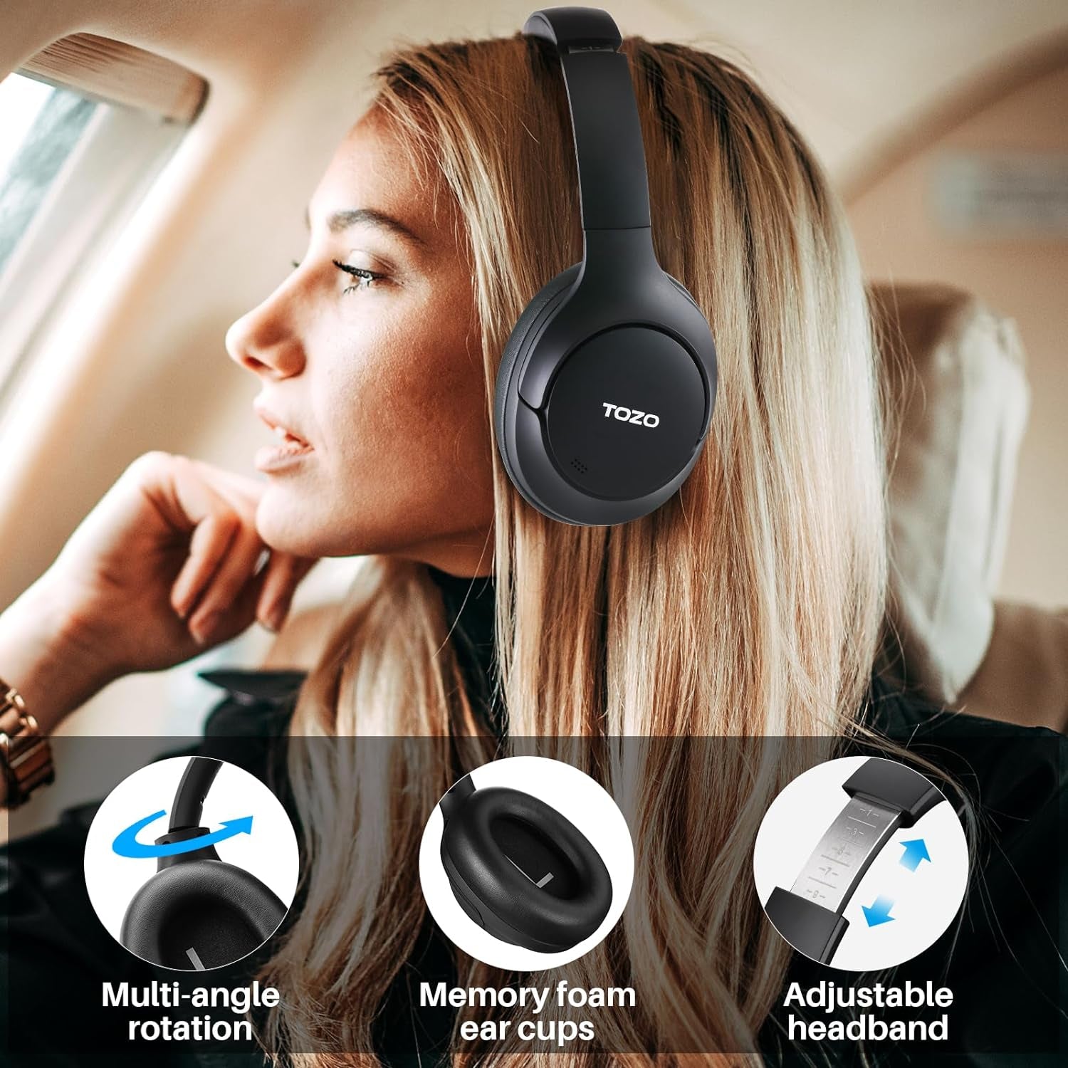 HT2 Hybrid Active Noise Cancelling Headphones, Wireless over Ear Bluetooth Headphones, 60H Playtime, Hi-Res Audio Custom EQ via App Deep Bass Comfort Fit Ear Cups, for Home Office Travel