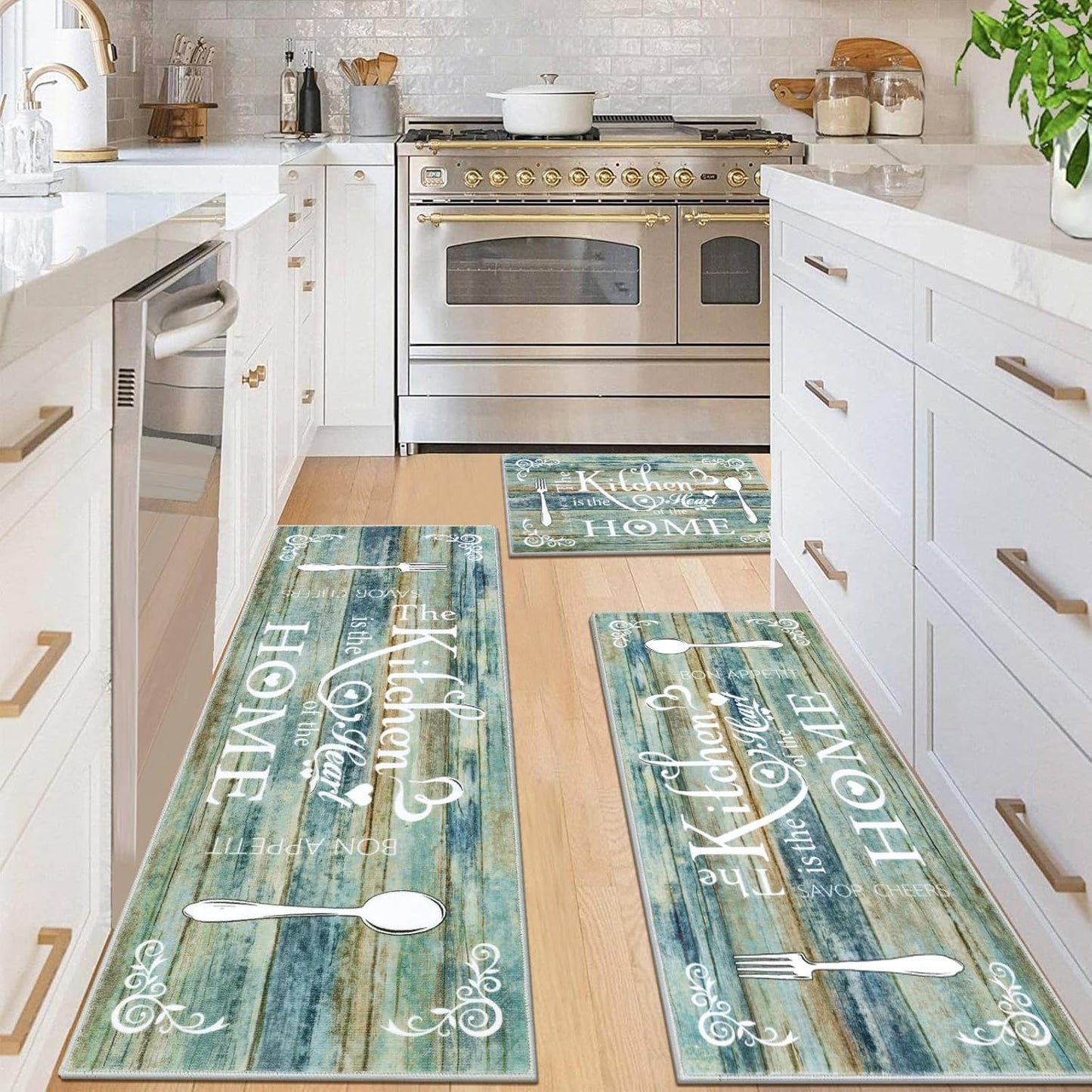 Boho Kitchen Rug Sets 3 Pieces, Washable Kitchen Mats for Floor, Non Slip Soft Kitchen Area Rug Floor Mat for Kitchen, Laundry Room and Hallway (Teal, 20''X32''+20''X47''+20''X59'')