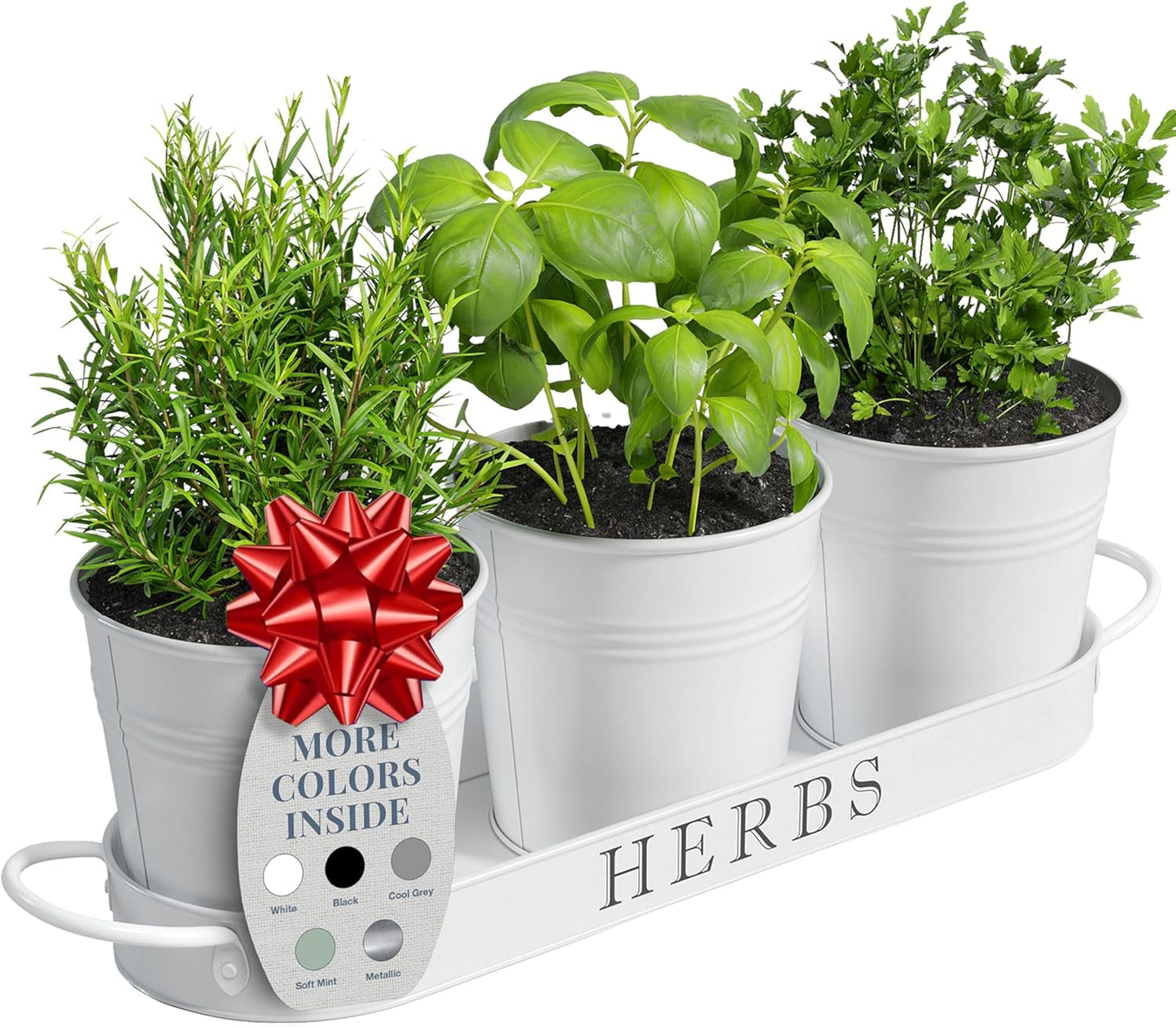 Indoor Herb Garden Planter Set with Tray, Metal Windowsill Plant Pots with Drainage for Outdoor or Indoor Plants, Set/3 (White)