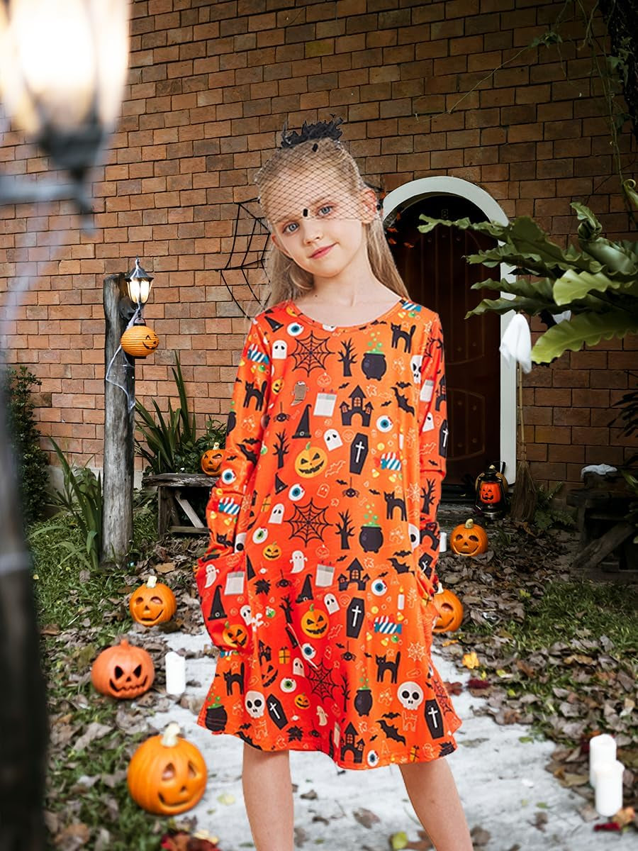 Girls Halloween Costumes Dresses for Kids Costume Dress Long Sleeve Printed Shirt Dresses with Pockets