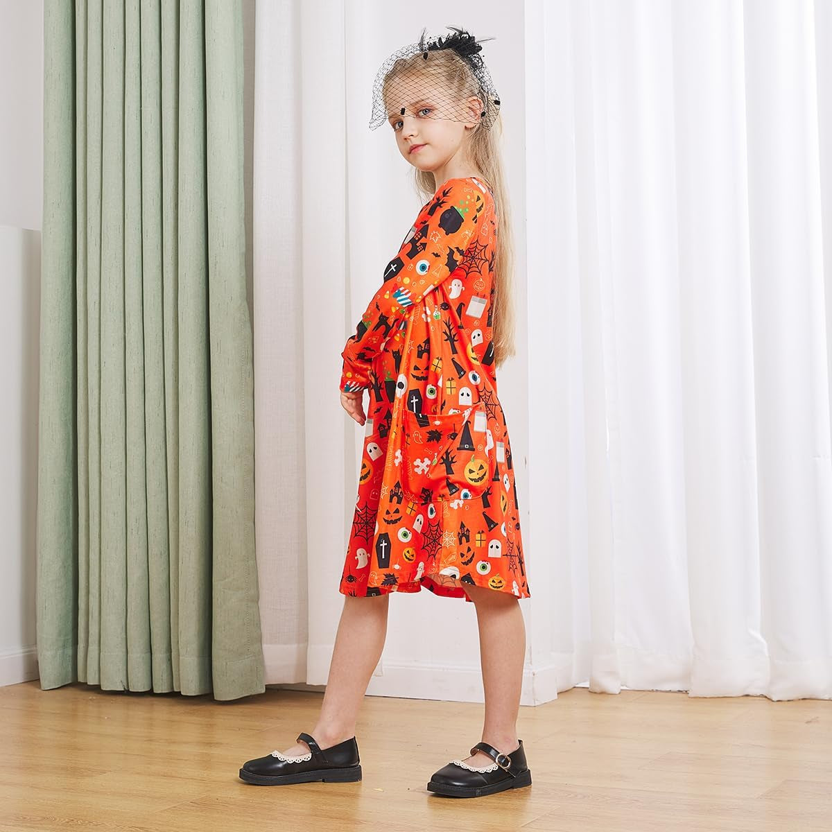 Girls Halloween Costumes Dresses for Kids Costume Dress Long Sleeve Printed Shirt Dresses with Pockets
