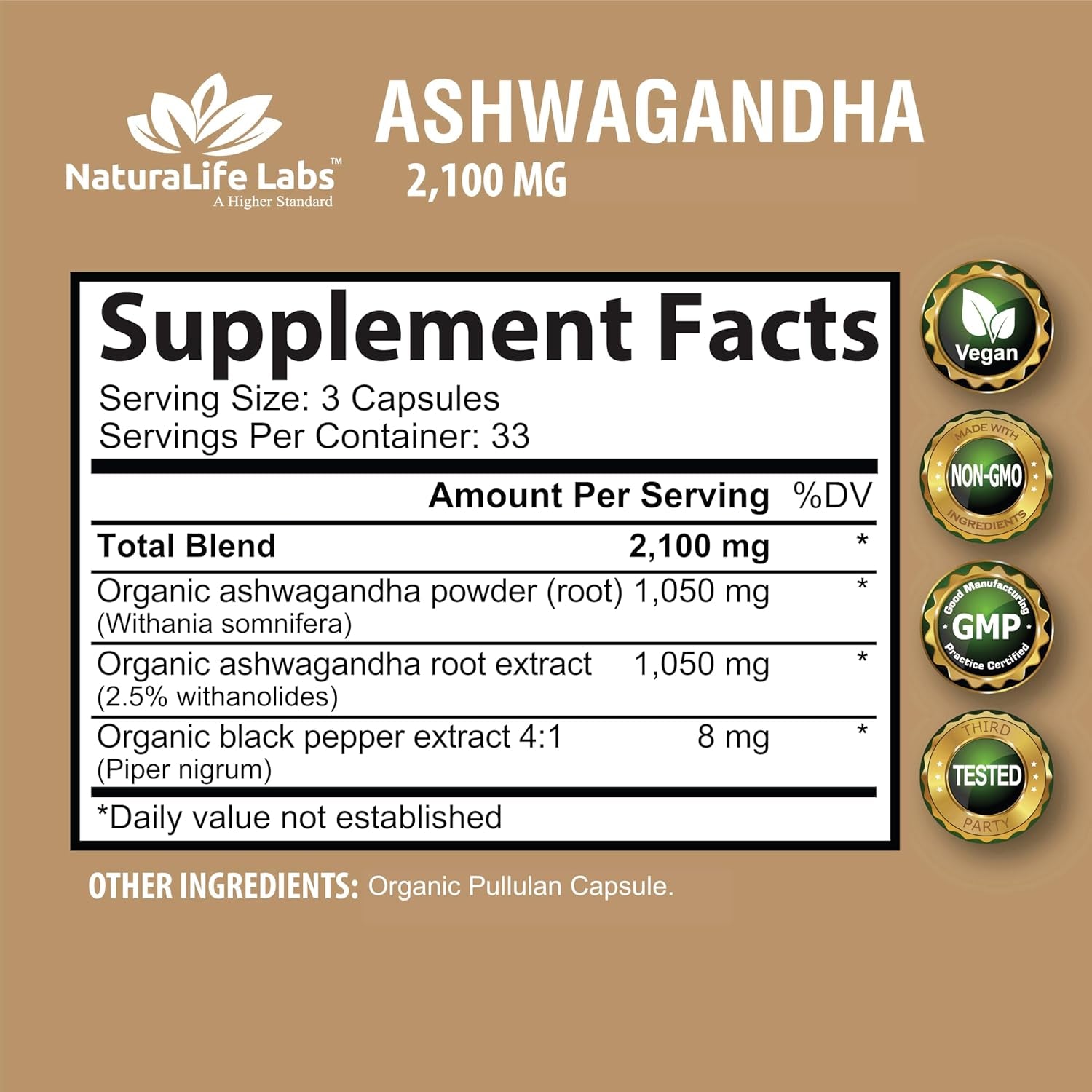 Organic Ashwagandha 2,100 Mg - 100 Veggie Capsules Pure Organic Ashwagandha Powder and Root Extract - Stress Relief, Mood Enhancer TLBH