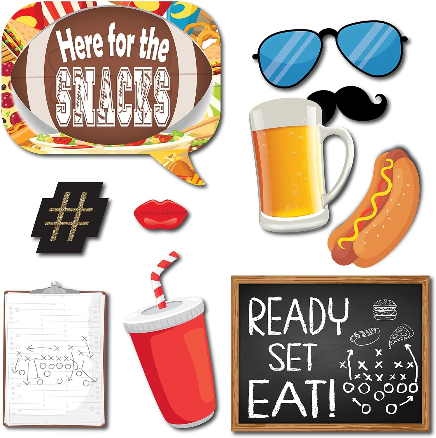 Football Photo Booth Props - 41-Pc Photobooth Kit with 8 X 10-Inch Sign, 60 Adhesive Pads, 45 Sticks - Superbowl Photo Props - Football Photo Props - Tailgate Photo Props