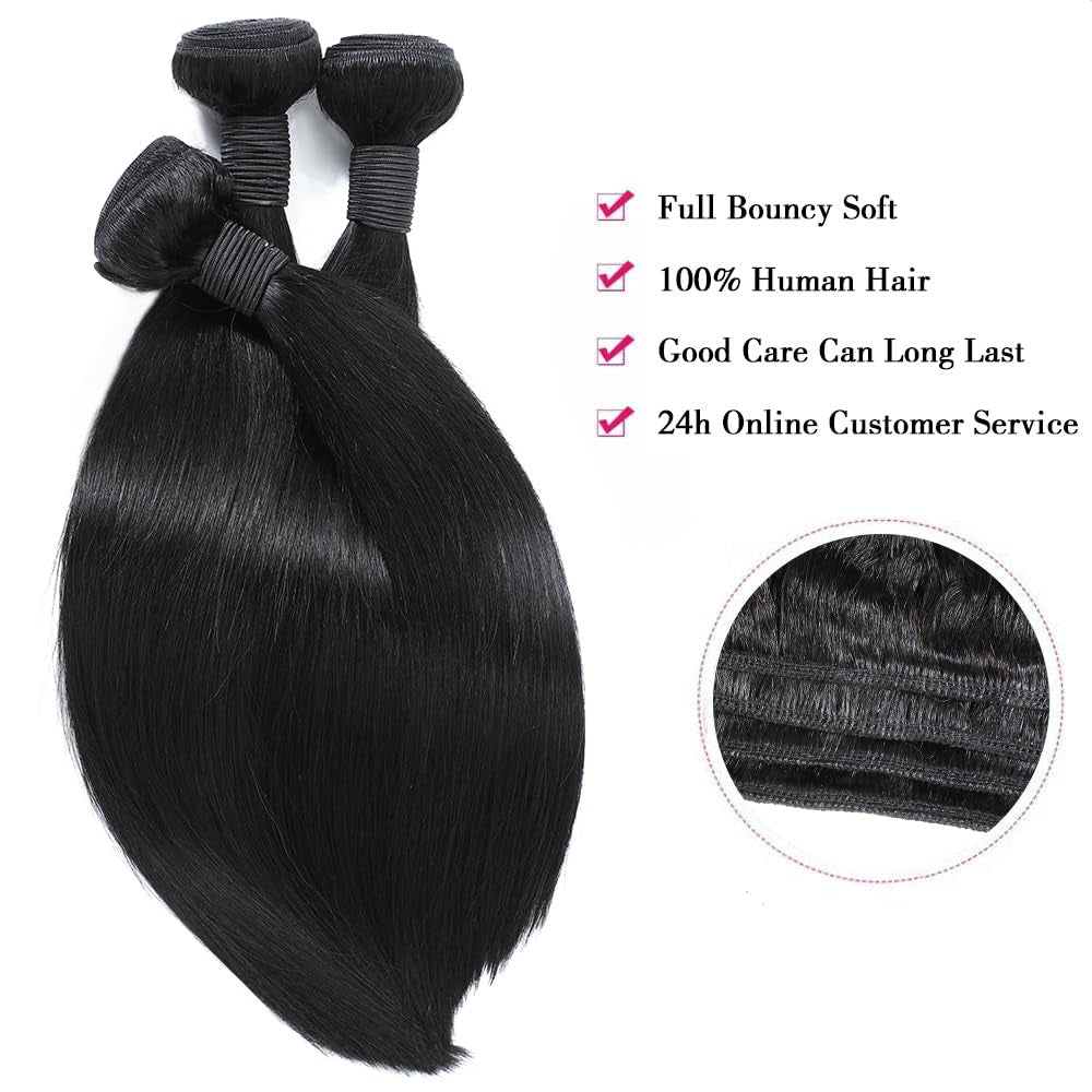 16/18/20Inch 3 Bundles Human Hair, 100% Human Hair Bundles, Straight Brazilian Human Hair Bundles, 100% Unprocessed Virgin Brazilian Human Hair Bundles, Natural Black Color Bundles Human Hair