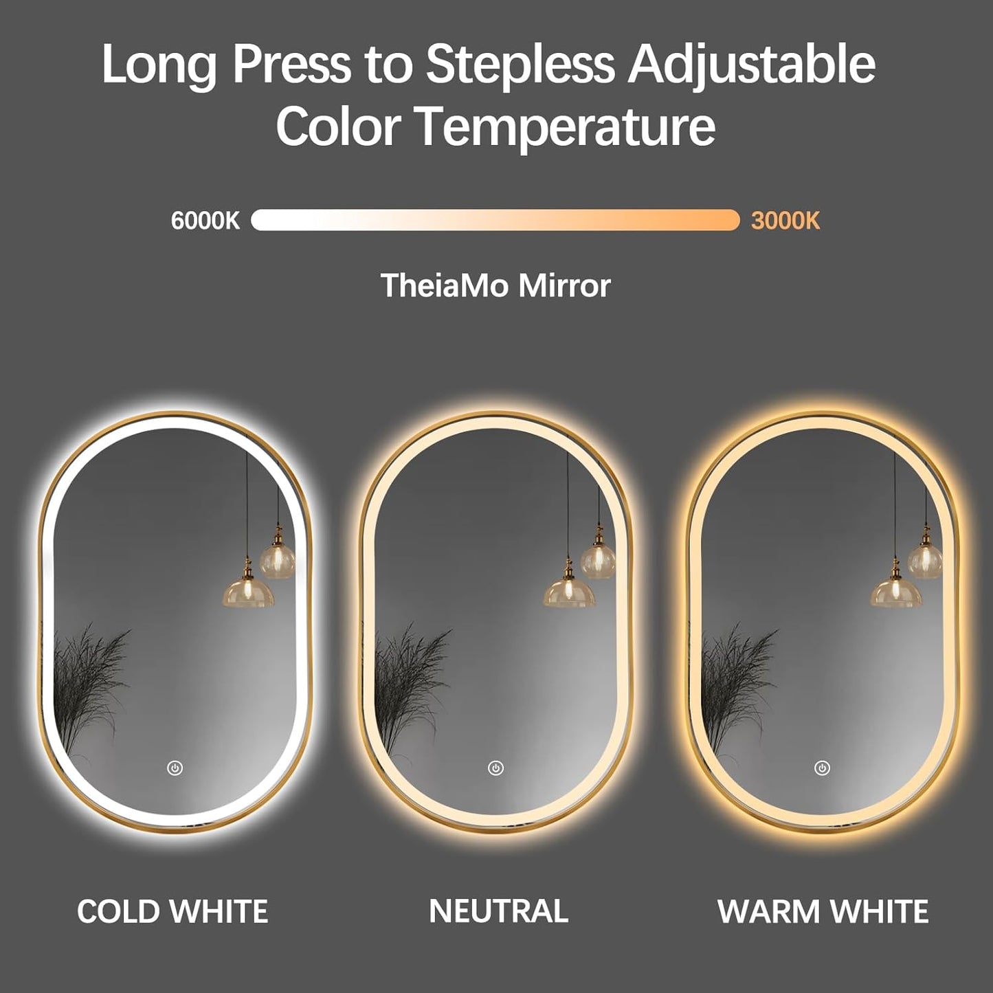 Oval LED Bathroom Mirror, 33"X20" Lighted Wall Mounted Vanity Mirror with Metal Frame, Anti-Fog IP66 Waterproof Smart Mirror, Memory Function, (Horizontal or Vertical), Gold