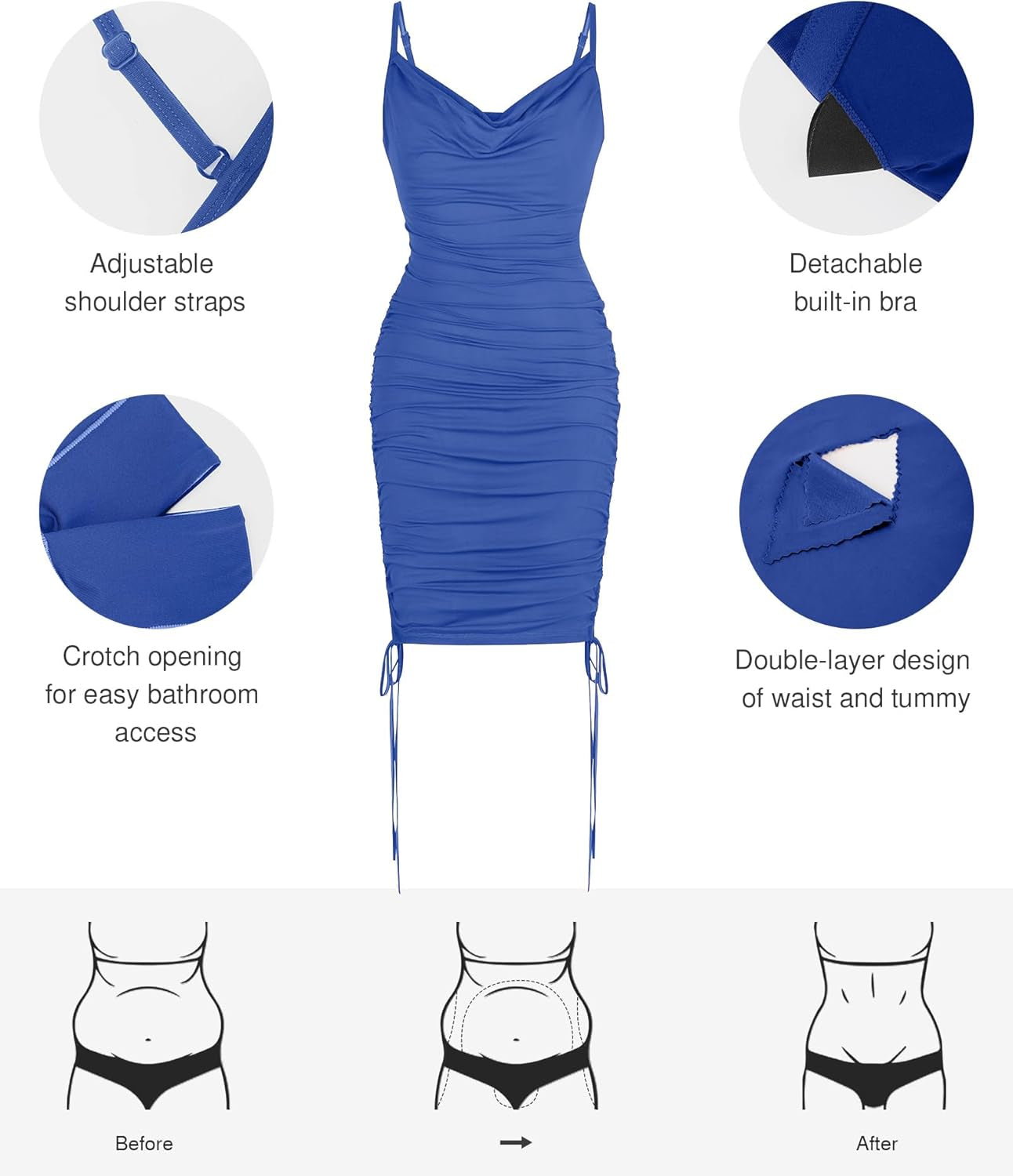 Shapewear Dress Mini Dress Tummy Control Drawstring Adjustable Dress Ruched Bodycon Dress for Women