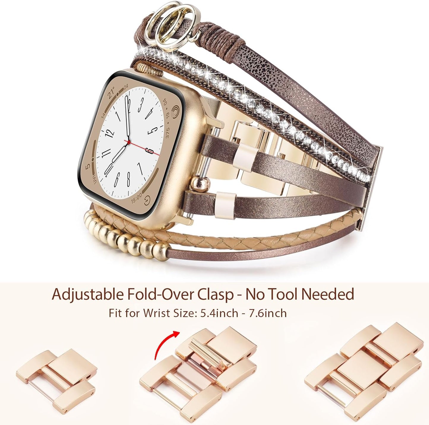 Boho Leather Bracelet Compatible with Apple Watch Band 38Mm 40Mm 41Mm Women, Handmade Multilayer Wrap Beaded Jewelry Apple Watch Strap for Iwatch Series 9 8 7 6 5 4 3 2 1 Brown