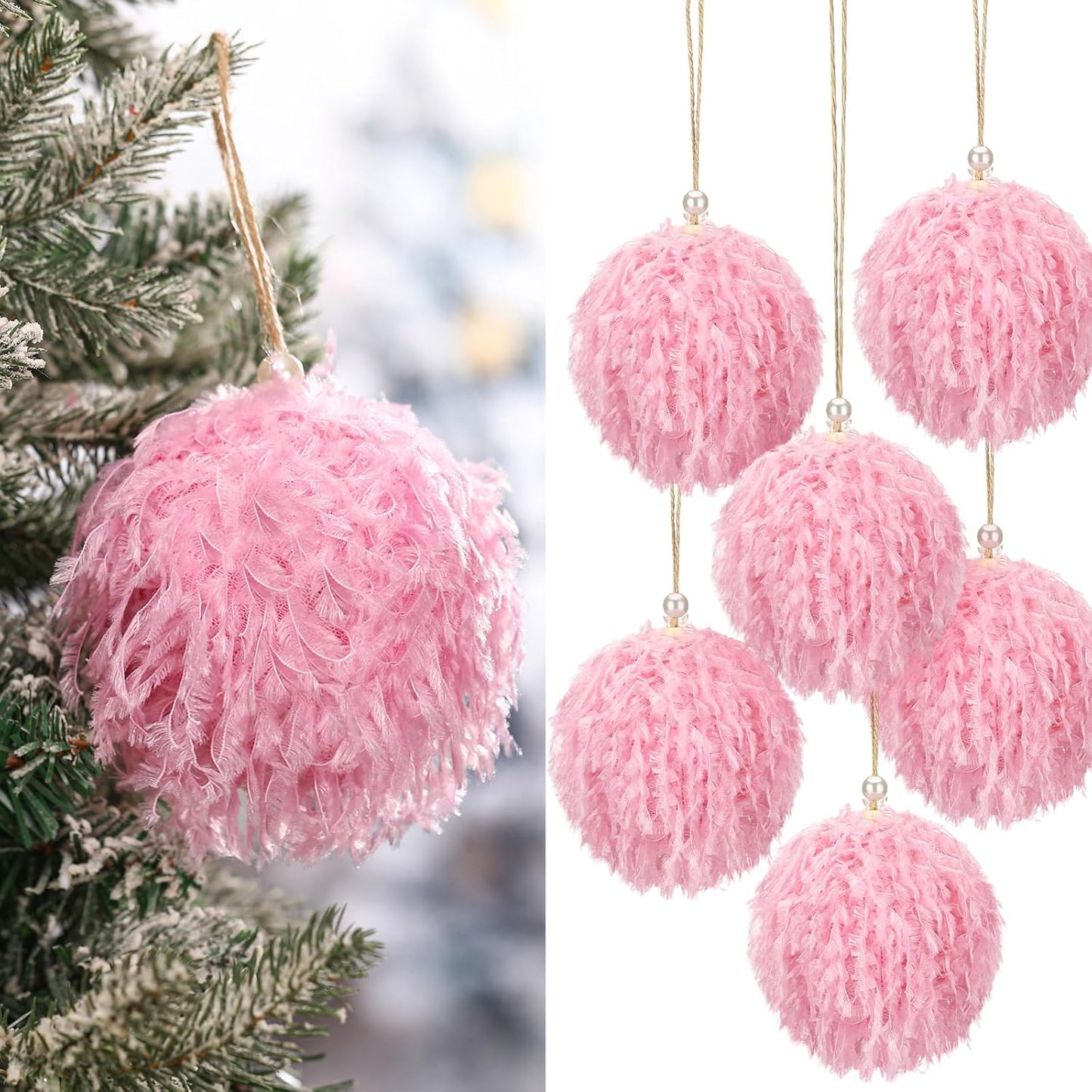 6 Pcs Furry Christmas Ball Ornaments 3.15 Inch Fuzzy Curly Elf Ornaments Ball Christmas Tree Hanging Decorations Soft Pom Pom Ball Xmas Ornament Pendants for Party Supplies(Pink)