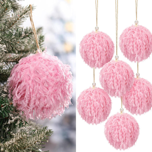 6 Pcs Furry Christmas Ball Ornaments 3.15 Inch Fuzzy Curly Elf Ornaments Ball Christmas Tree Hanging Decorations Soft Pom Pom Ball Xmas Ornament Pendants for Party Supplies(Pink)