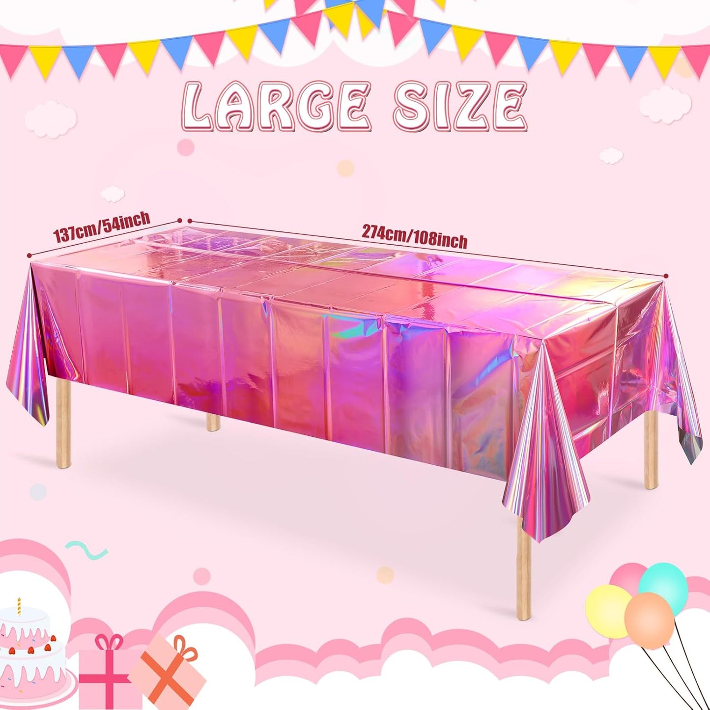 8 Pack Iridescent Pink Plastic Tablecloths,  Shiny Disposable Laser Rectangle Table Covers, Holographic Foil Tablecloth Iridescent Party Decorations for Birthday Wedding Christmas, 54X108Inch