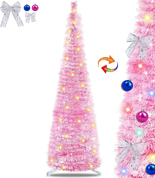 6 Ft Pop up Tinsel Christmas Tree Dual Color Change Lights DIY Ornaments 18 Ball 10 Bow Pink Skinny 1 Minute Xmas Tree Warm White & Multicolor Light Timer Christmas Decoration Holiday Indoor