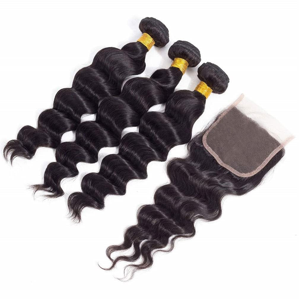 Brazilian Loose Deep Wave Bundles with Closure Loose Wave Human Hair Bundles with Closure Brazilian Deep Weave Bundles 100% Real Unprocessed Virgin Human Hair Bundles with 4 * 4 Closure 10 12 14 +10