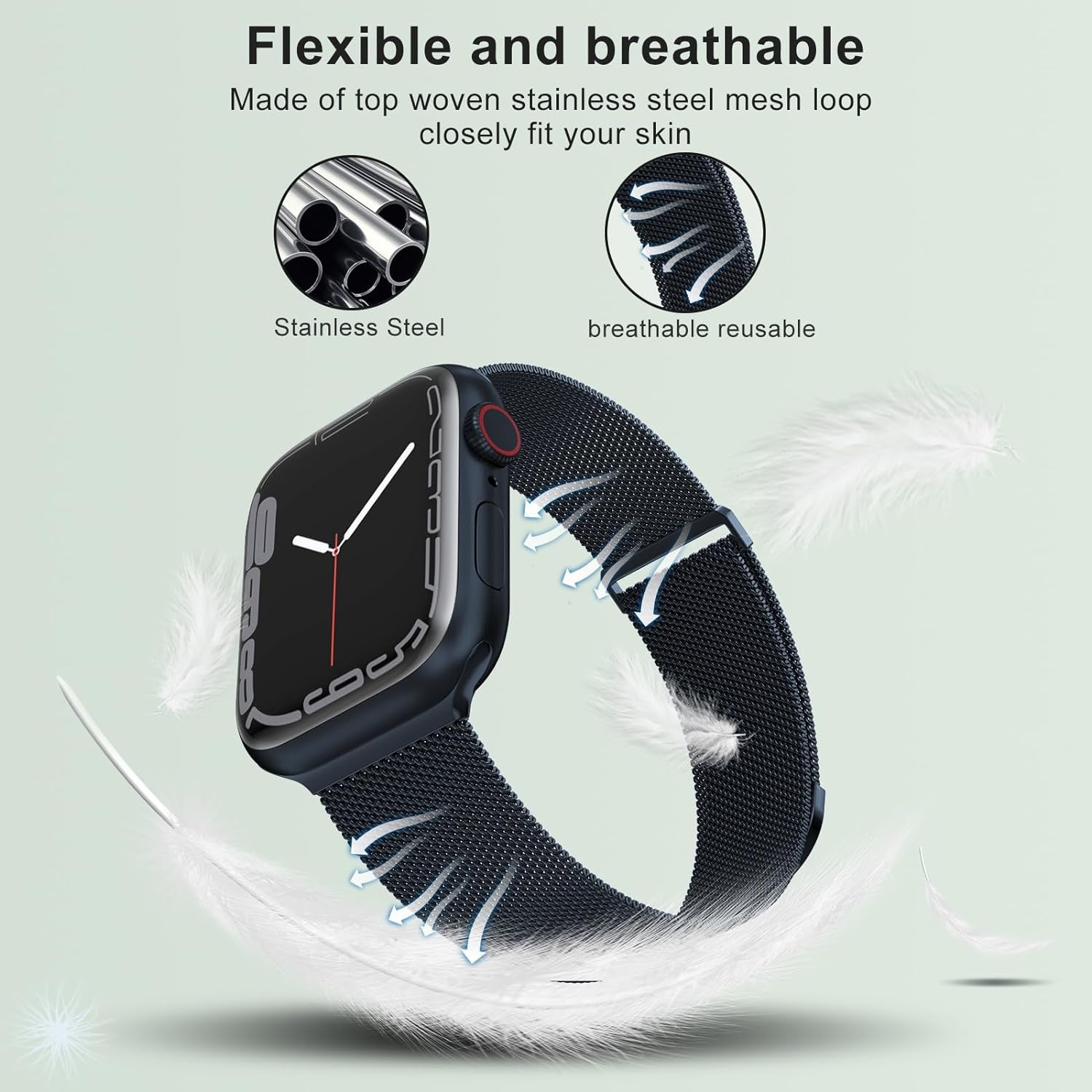 Compatible with Apple Watch Band Series 9, Ultra 2, SE, Ultra 8 7 6 5 4 3 2 1 38Mm 40Mm 41Mm 42Mm 44Mm 45Mm 49Mm Women and Men, Stainless Steel Mesh Loop Magnetic Clasp Replacement For