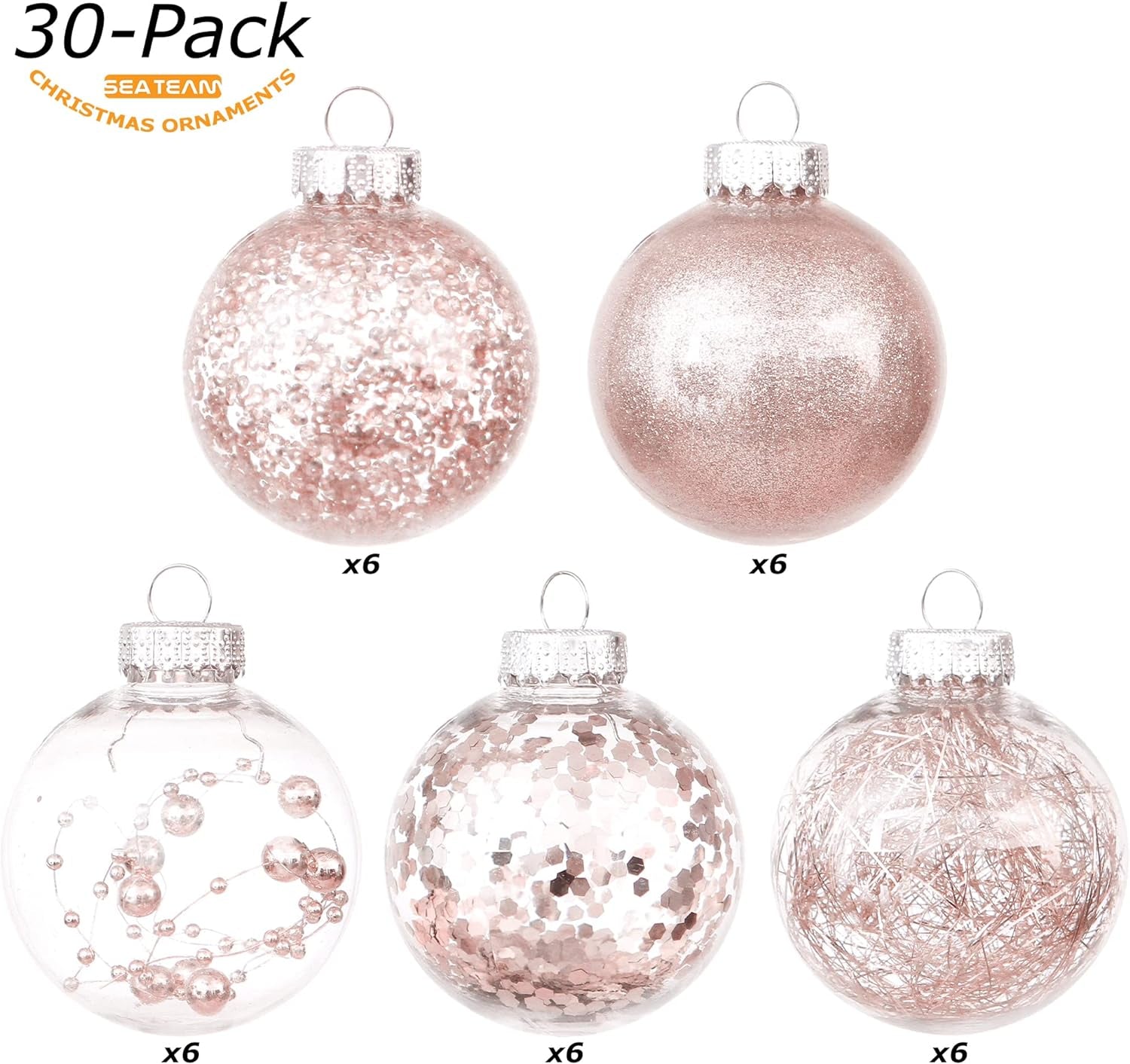 Shatterproof Clear Plastic Christmas Ball Ornaments Decorative Xmas Balls Baubles Set with Stuffed Delicate Decorations (60Mm/2.36''/30-Pack, Rose Gold)