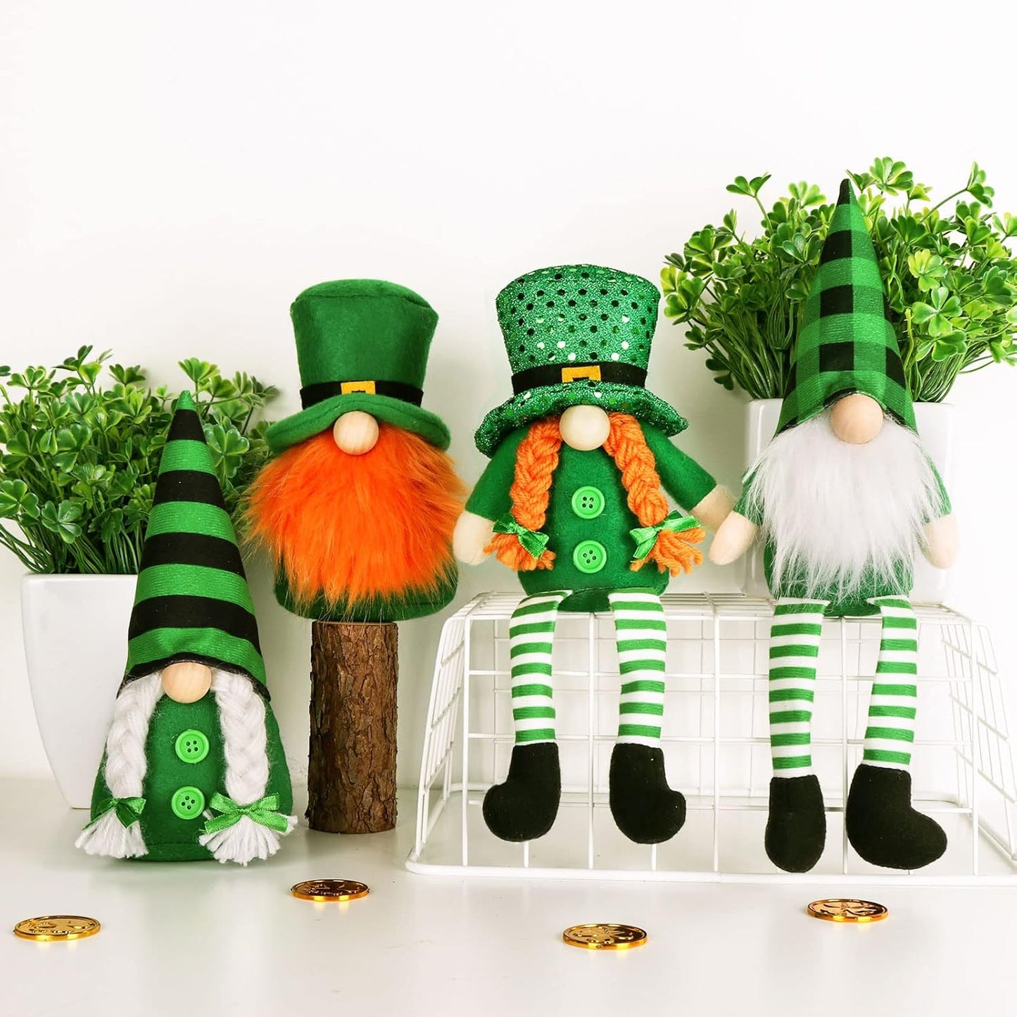 St Patricks Day Gnomes Gifts, 4 Pcs Handmade Plush Tomte Swedish Scandinavian Gnome with Lucky Shamrock Pot of Gold Coins Farmhouse St Patricks Day Decorations for the Home Table Décor