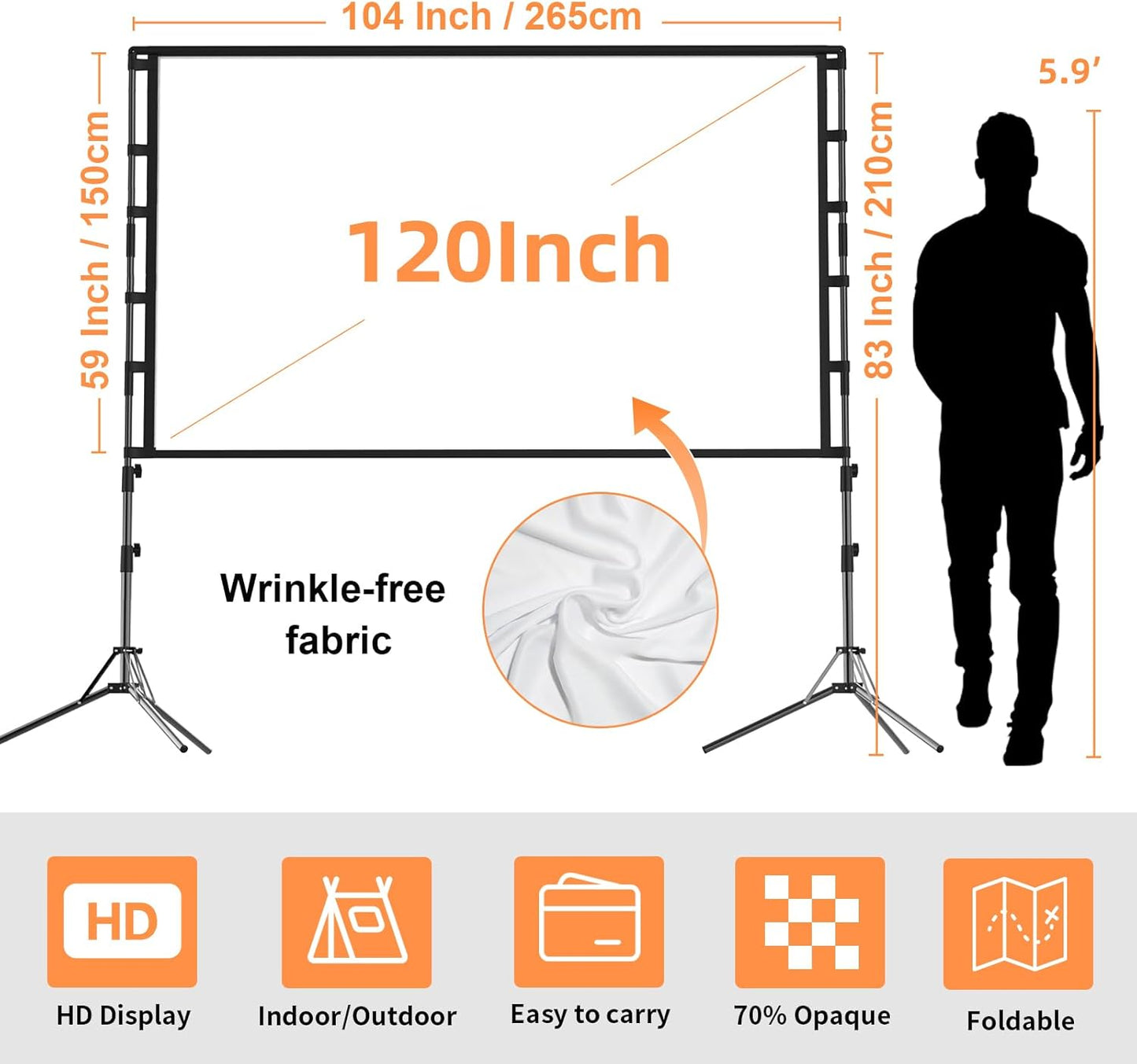 Projector Screen and Stand, 120 Inch Portable Projector Screen Indoor Outdoor Projection Screen 16:9 4K HD Wrinkle-Free Light-Weight Movie Screen with Carry Bag for Backyard Movie Night