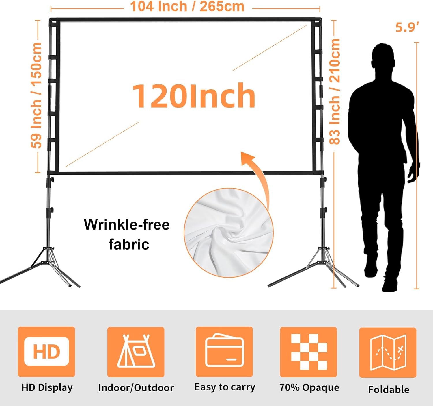 Projector Screen and Stand, 120 Inch Portable Projector Screen Indoor Outdoor Projection Screen 16:9 4K HD Wrinkle-Free Light-Weight Movie Screen with Carry Bag for Backyard Movie Night