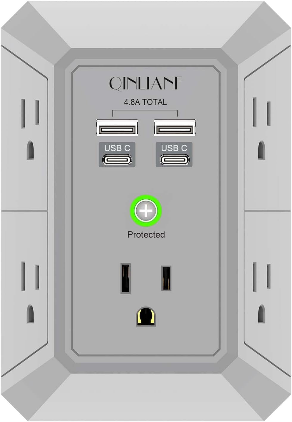 Wall Charger, Surge Protector,  5 Outlet Extender with 4 USB Charging Ports (4.8A Total) 3-Sided 1680J Power Strip Multi Plug Adapter Spaced for Home Travel Office (3U1C)