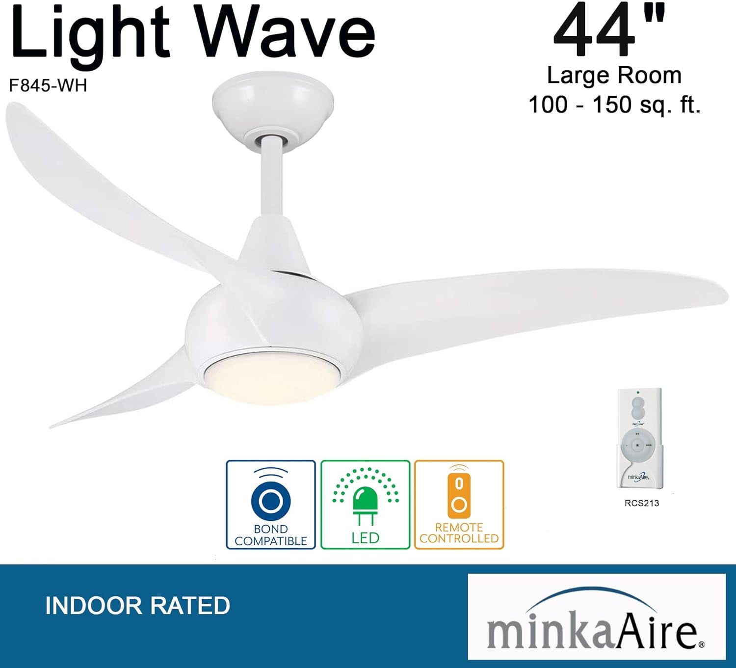 F845-WH Light Wave 44" Ceiling Fan with LED Light and Remote Control in White Finish