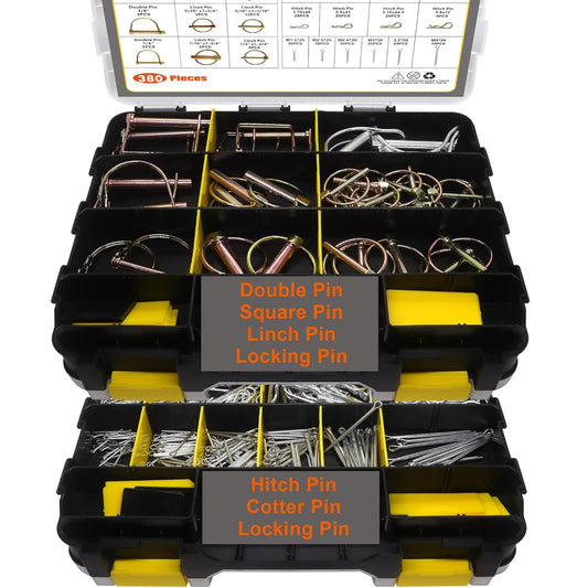 380 PCS Heavy Duty Pin Assortment Kit, Hitch Pins R Clip Pins Hair Pins Lynch Pins PTO Pins for Trucks Trailers Tractors Mowers Accessories, Farm, Lawn, Hitches and Garden TRUCK DRIVER