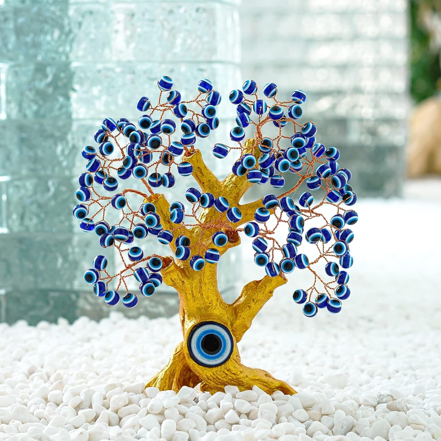 8'' Turkish Blue Evil Eye Tree Golden Feng Shui Decor Protection Money Fortune Tree Good Luck Gift