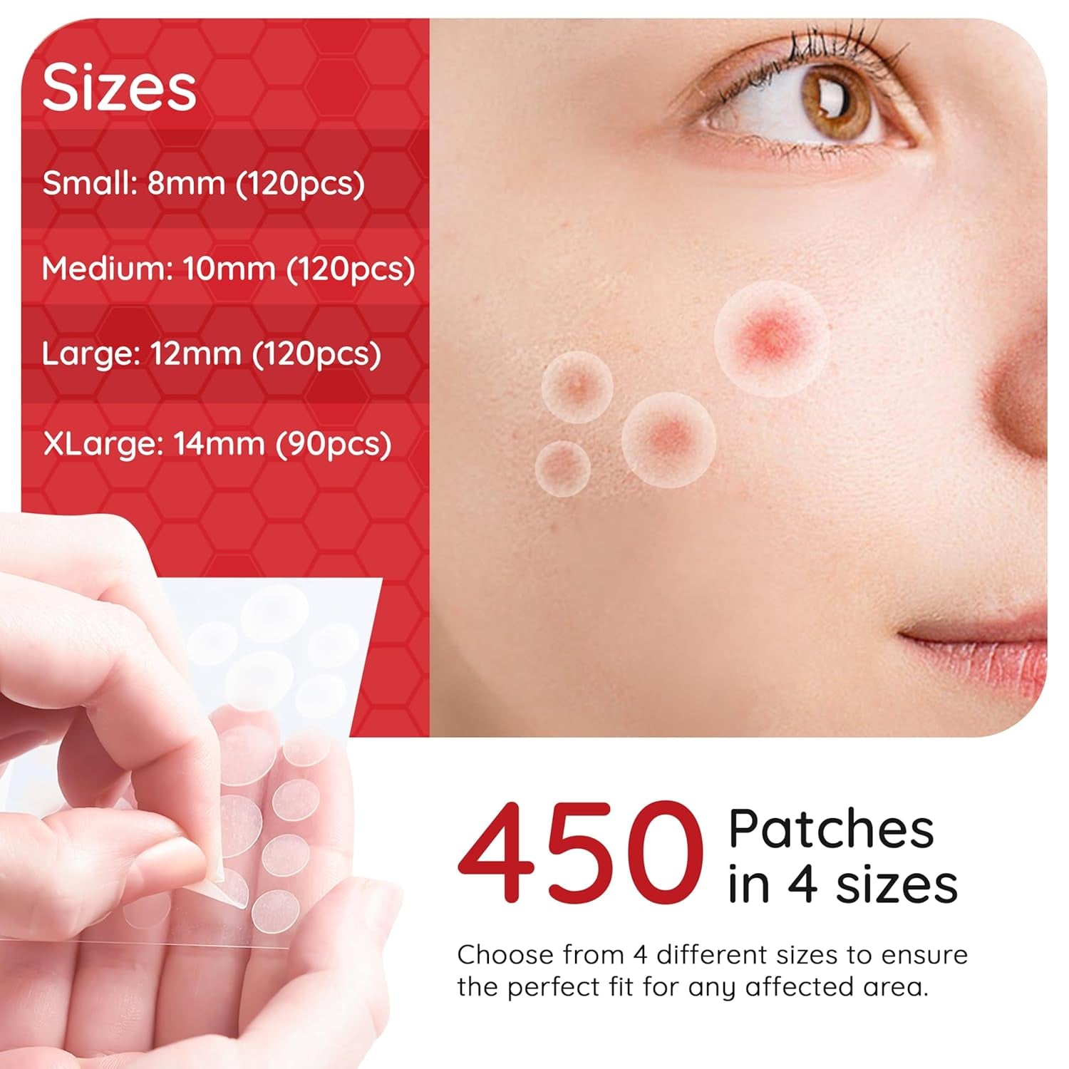 450 Pimple Patches for Face, 4 Size Acne Patches, Hydrocolloid Patches for Covering Zits and Blemishes, Spot Stickers with Salicylic Acid, Glycolic Acid, Tea Tree Oil and Calendula Oil