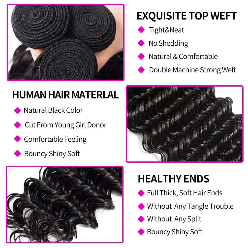 Brazilian Deep Wave Bundles with Closure（12 14 16+10Closure）100% Unprocessed Deep Curly Bundles Human Hair 3 Bundles with 4X4 Free Part Lace Closure Wet and Wavy Deep Wave Hair Natural Black