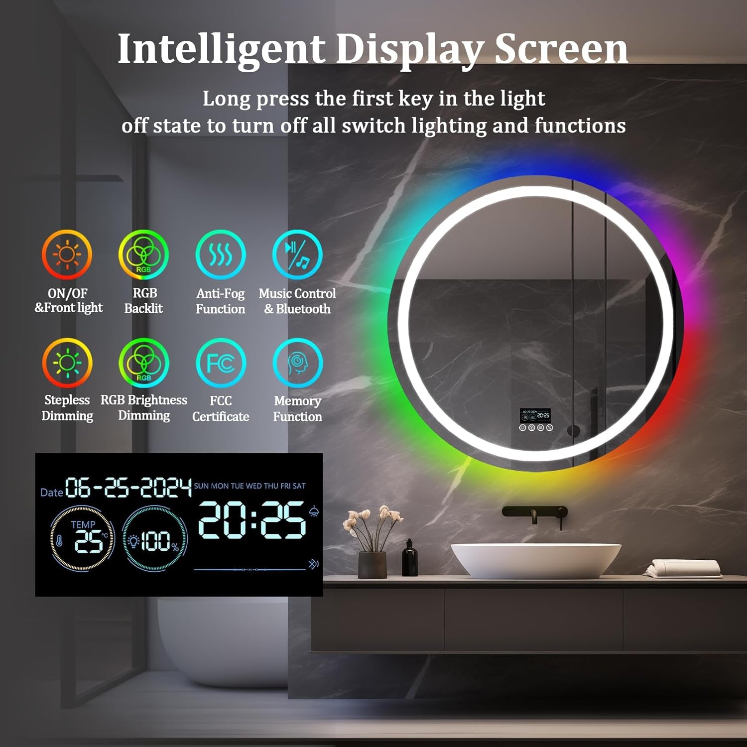 Front Lighted RGB Backlit Bluetooth Mirror: 32 Inch round Dimmable 11 Colors Smart Anti-Fog Bathroom Mirrors with Bluetooth Speaker - Wall Mounted LED Mirror with Digital Display