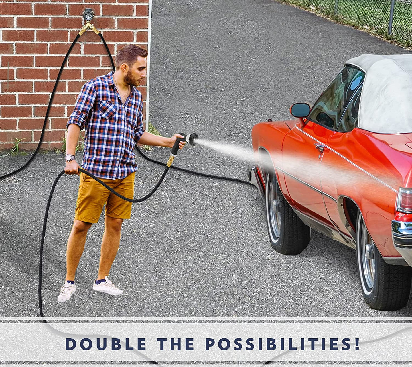 Heavy Duty Brass 2 Way Y Splitter Garden Hose Hexagonal Connector with Comfortable Grip Shut off Valves, Adapter for Water Tap, Outlet, & Spigot, Includes 2 Extra Rubber Washers & Teflon Tape