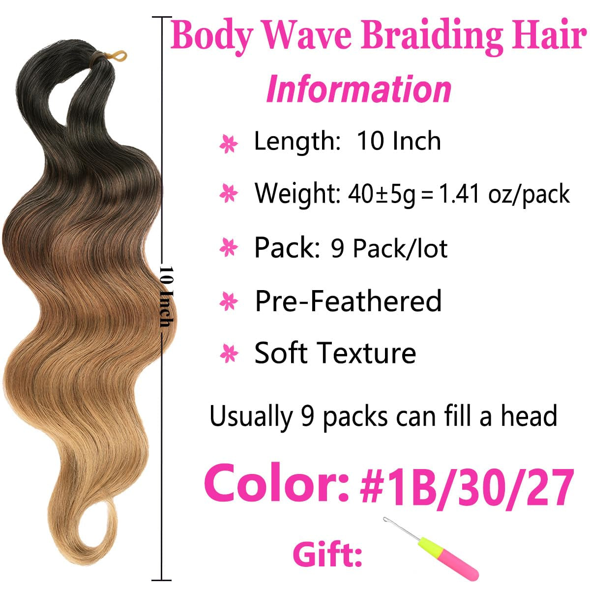 10 Inch Short Body Wave Braiding Hair 9 Packs Pre-Feathered 3 Tones Bouncy Braiding Braids Hair French Curl Wavy Crochet Braids Ocean Deap Twist Synthetic Hair Extensions(1B/30/27#)