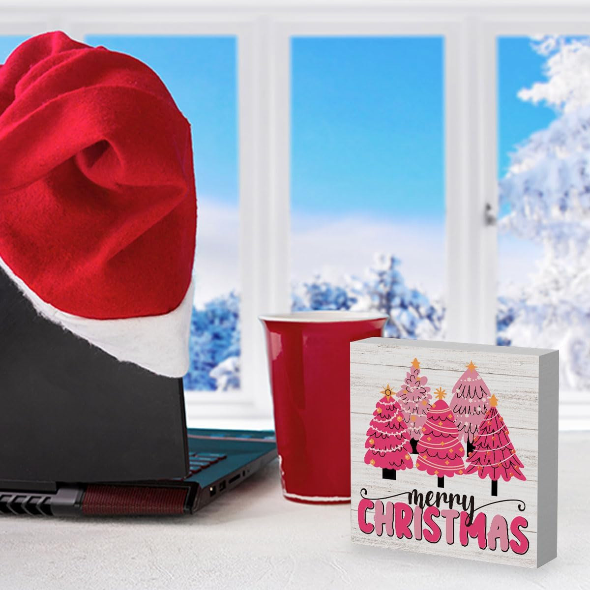 Pink Christmas Sign Pink Christmas Decorations Pink Christmas Tree Sign Merry Christmas Sign for Table Christmas Signs for Home Office Shelf Cubicle Decoration 5 X 5 Inches