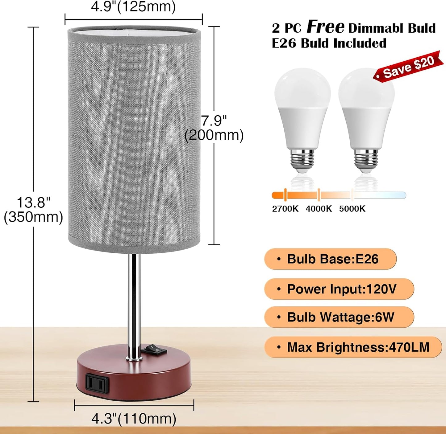 Table Lamp for Bedroom Set of 2, Bedside Small Lamps with 3 Way Dimmable Rocker Switch and AC Outlet, Nightstand Desk Lamp with Gray Fabric Shade Brown Base for Living Room Home Decor Lights