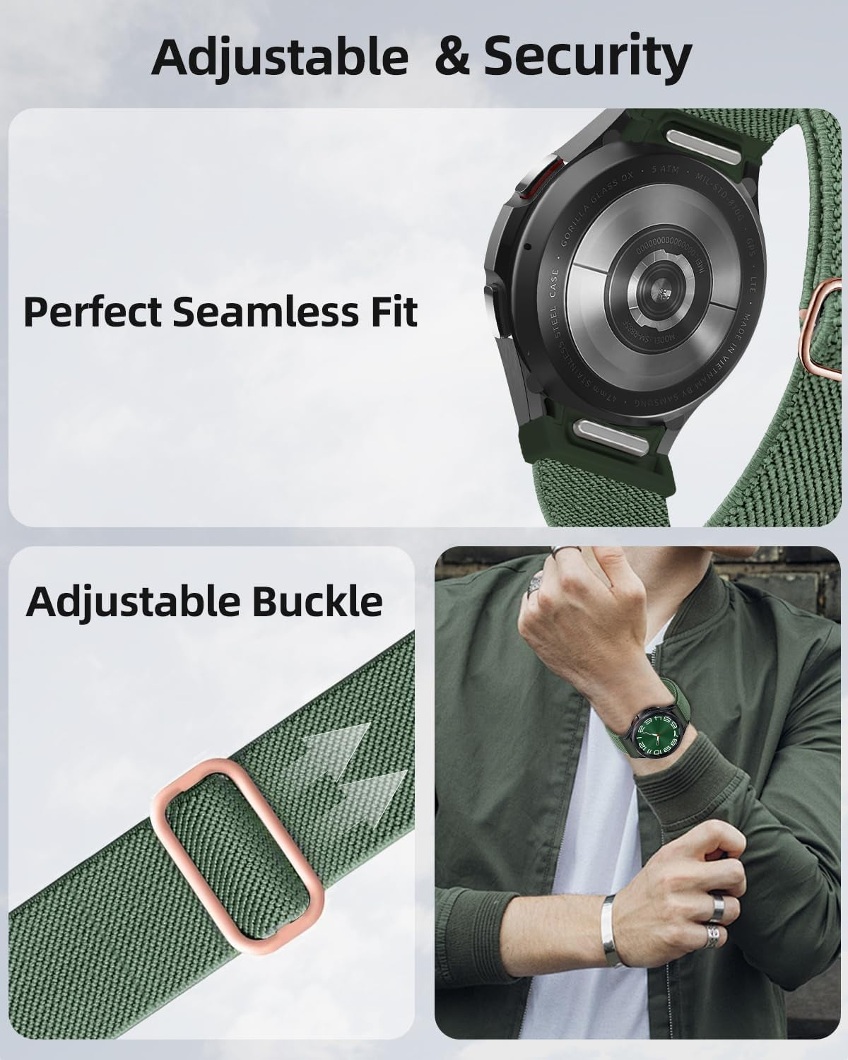 One Click No Gap Stretch Watch Band Compatible with Samsung Galaxy Watch 7/6/5/4 40M 44Mm/Galaxy Watch 6 Classic 43Mm 47Mm/Watch 5 Pro 45Mm/Watch 4 Classic 42Mm 46Mm, 20Mm Elastic Nylon Sport Loop Strap for Women & Men