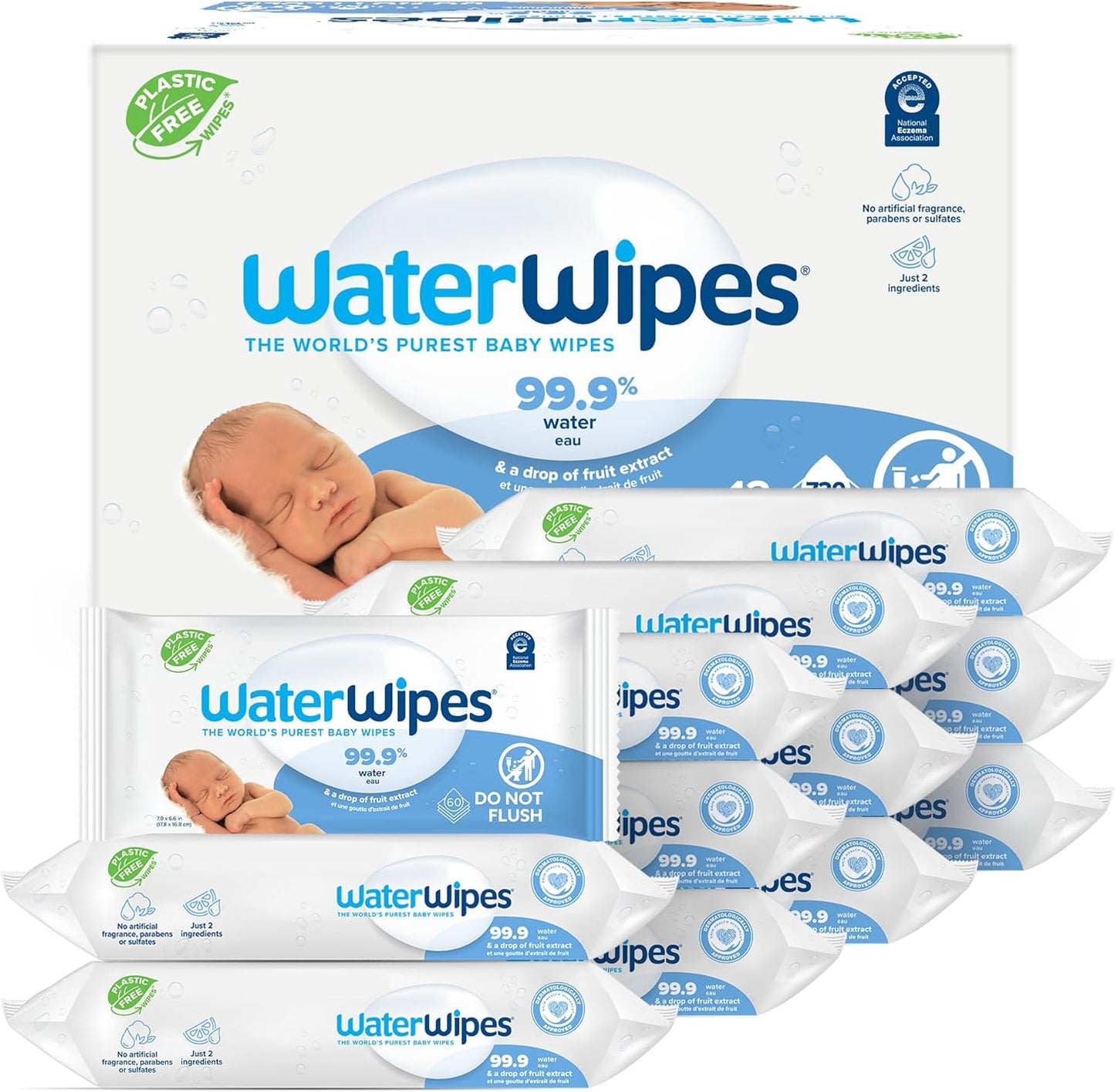 Plastic-Free Original Baby Wipes, 99.9% Water Based Wipes, Unscented & Hypoallergenic for Sensitive Skin, 60 Count (Pack of 12), Packaging May Vary
