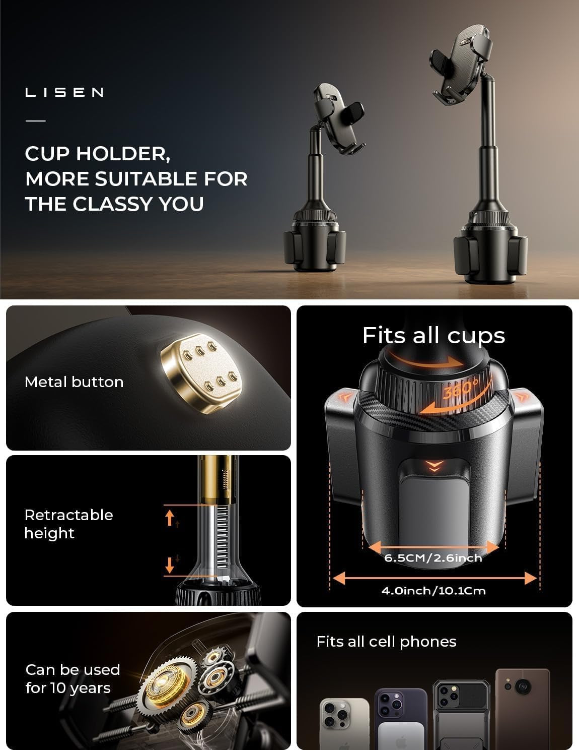 Cup Phone Holder for Car No Shaking Car Phone Holder Mount, 360° Adjustable Car Accessories for Women Trucks Suvs Golf, Compatible with Iphone 16E 16 15 14 13 plus Pro Max Samsung S25 All 4-7''