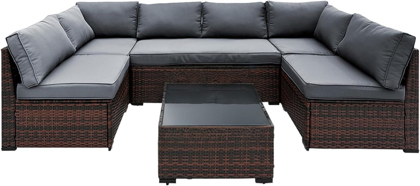 7 Piece Outdoor Furniture Set, PE Rattan Patio Conversation Set, Outdoor Sectional Furniture Sofa Set with Thick Cushions and Coffee Table, Navy Blue