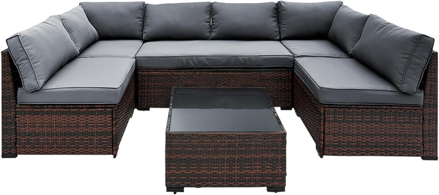 7 Piece Outdoor Furniture Set, PE Rattan Patio Conversation Set, Outdoor Sectional Furniture Sofa Set with Thick Cushions and Coffee Table, Navy Blue