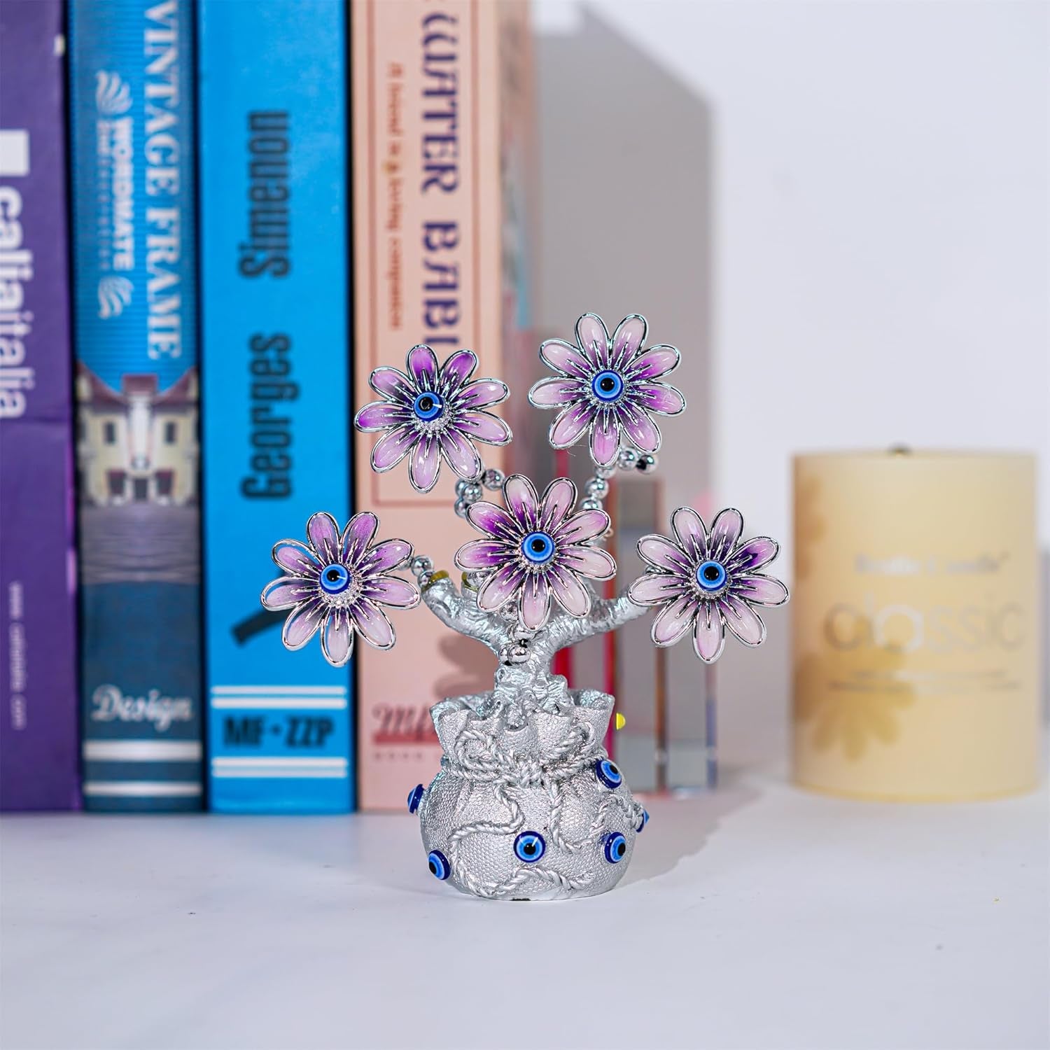 Turkish Blue Evil Eye Pink Flowers Money Fortune Tree with Lucky Bag Vase Protection Good Luck Gift