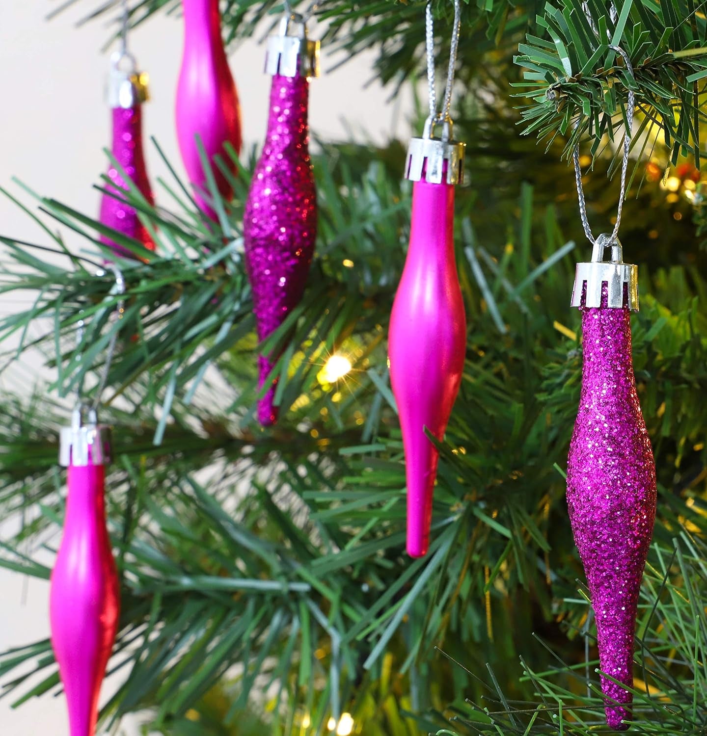 Pack of 15-8.5Cm, 85Mm (3.4") Droplet Baubles - Matte & Glitter Design - Christmas Ornaments (Hot Pink)