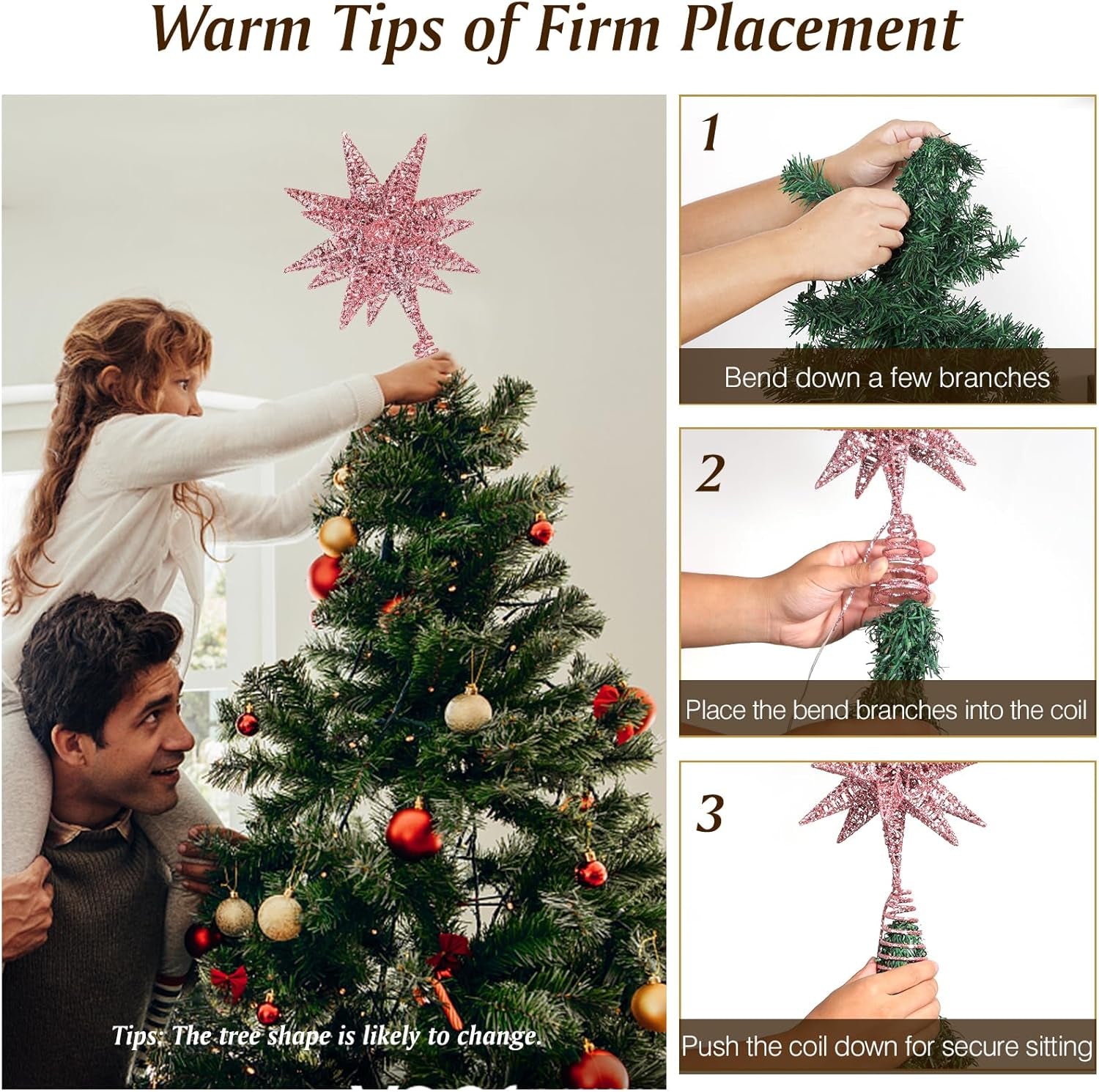 Christmas Star Tree Topper, 3D Star Plugged Decorative Treetop with LED Light Beads for Home Holiday Xmas Decor 6-Hour Timer Function 5M Cable, Pink