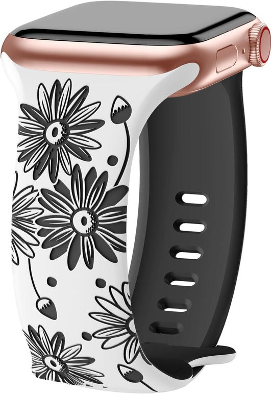 Designer Floral Engraved Band Compatible with Apple Watch Bands 40Mm 38Mm 41Mm 42/45/49Mm,Two-Tone Flower Soft Silicone Sport Strap for Iwatch Series 9 Ultra SE 8 7 6 5 4 3 2 Girl Black