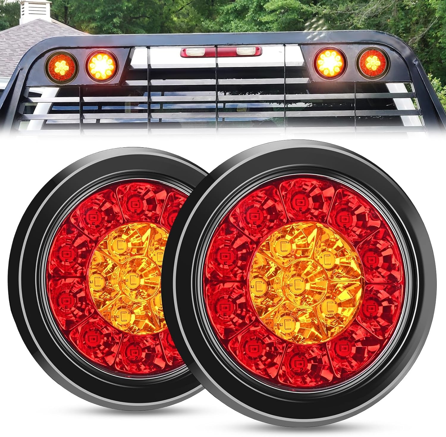 - TL-18 2PCS 4" round Red LED Trailer Tail Lights W/Surface Mount Grommet Plugs IP67 Stop Brake Turn Tail Lights for Truck Trailer RV Jeep