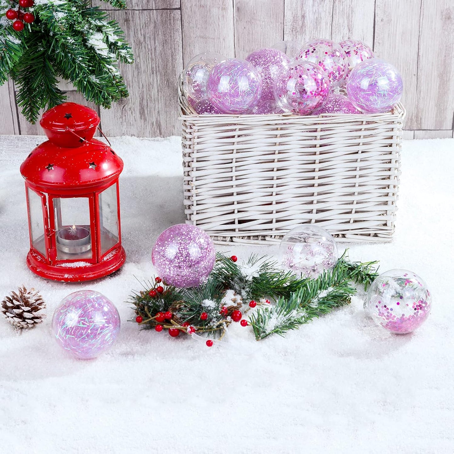 24Ct Clear Christmas Ball Ornaments, 2.76''/70Mm Shatterproof Hanging Xmas Balls Baubles Set for Christmas Tree with Stuffed Delicate Decorations for Wedding Christmas (Pink)