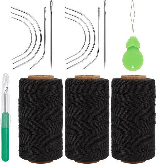 Needle and Thread for Hair Extensions 3 Rolls Hair Weave Sewing Threads with 10 Pcs C J I Shape Curved Upholstery Needles for Hand Sewing, Hair Extensions, Making Wigs DIY (10+3, Black)